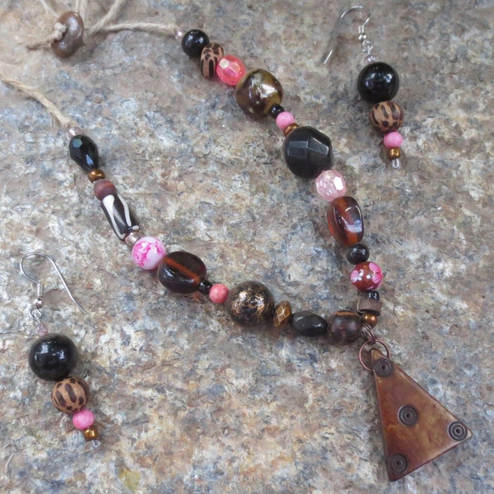 Handcrafted Necklace Pierced Earrings Set Boho Brown Pink Mixed Beads on Hemp